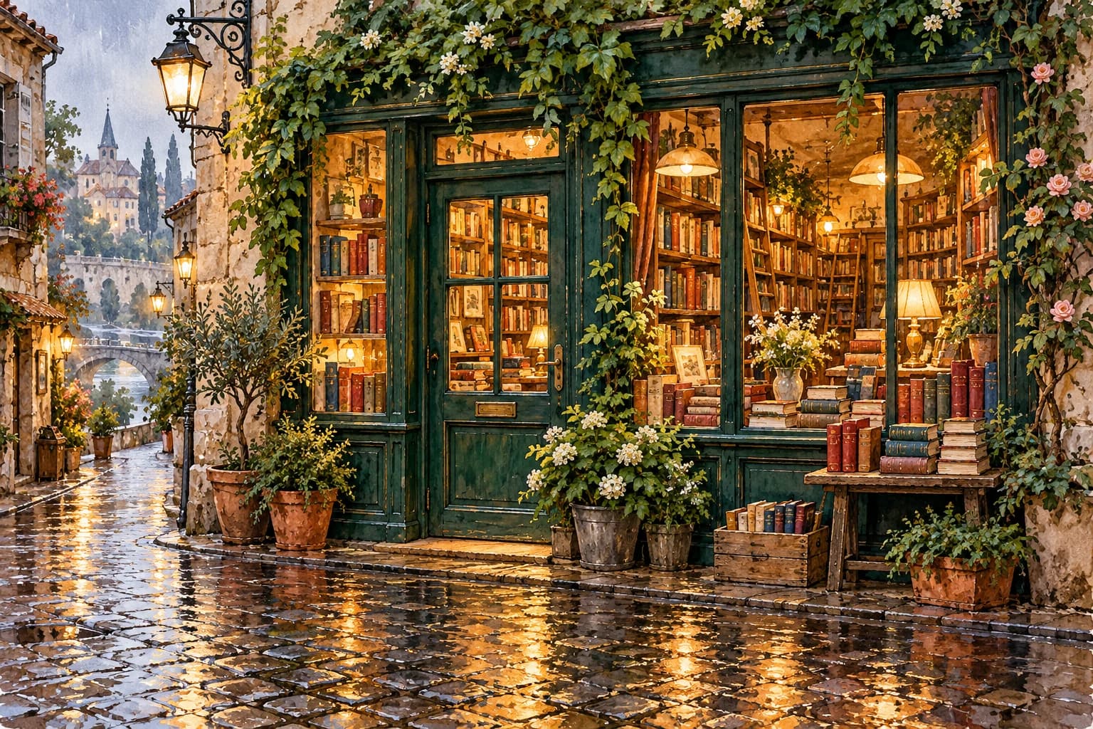 Watercolour bookshop storefront on a rainy evening