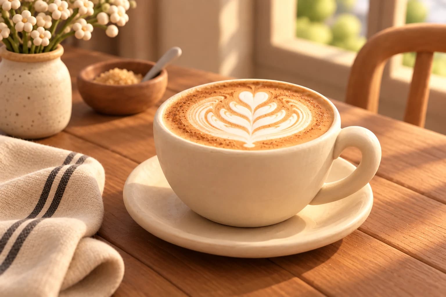 The same cup scene as a 3D clay-rendered illustration
