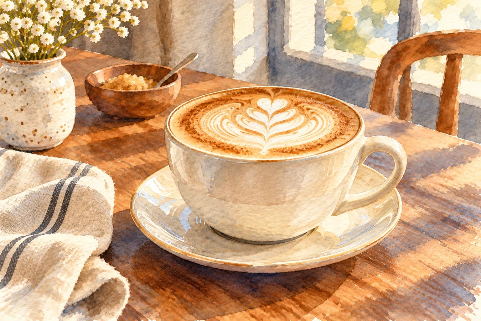 The same cup scene as a watercolour illustration