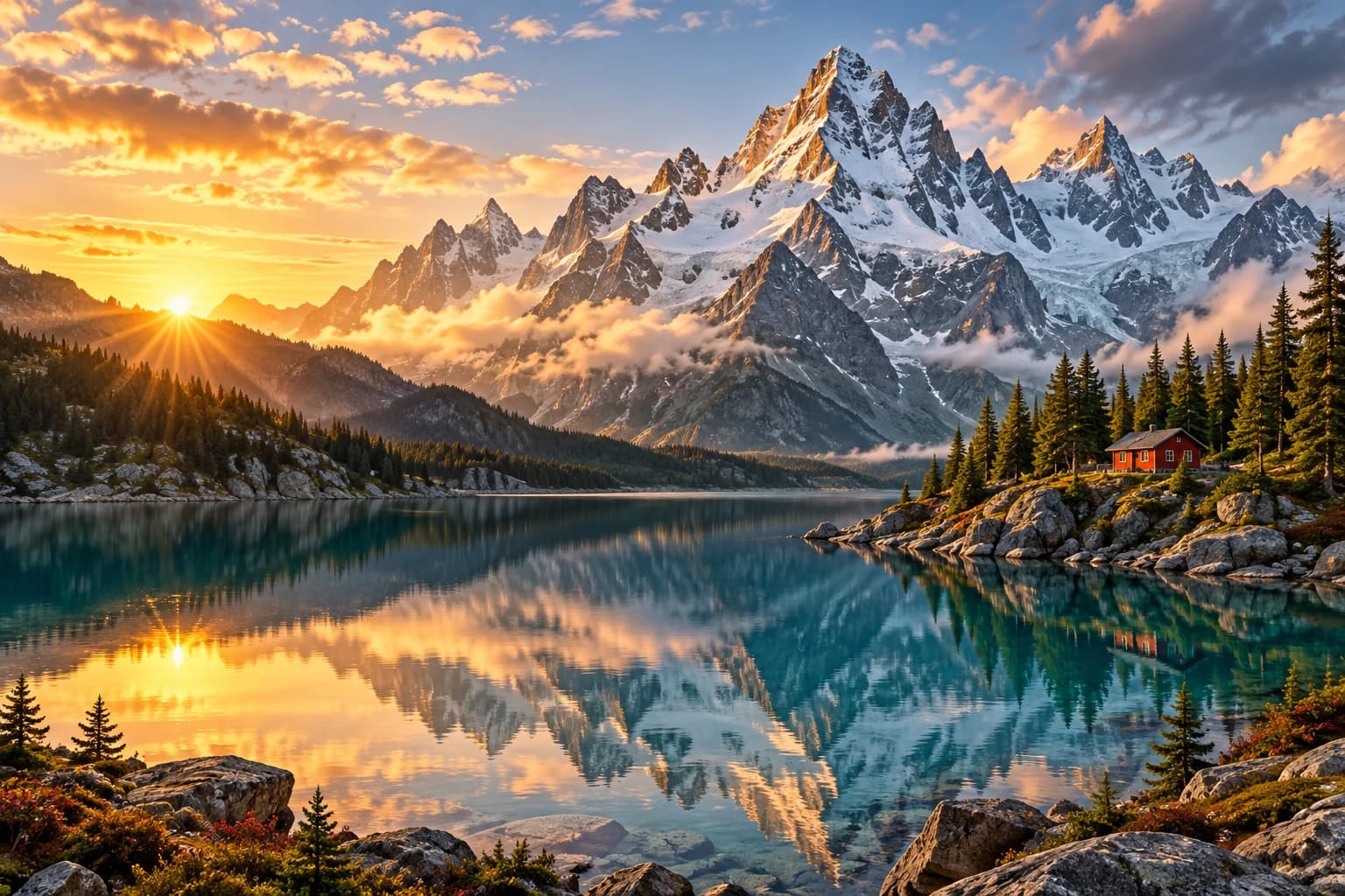 Snowy alpine peaks above a turquoise lake at sunrise