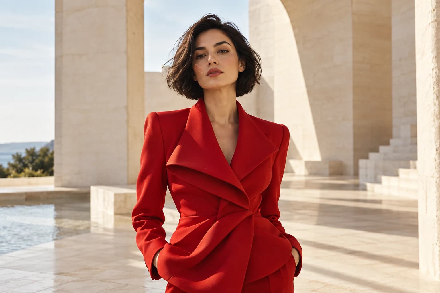 Editorial portrait of a model in a red jacket, warm stone light