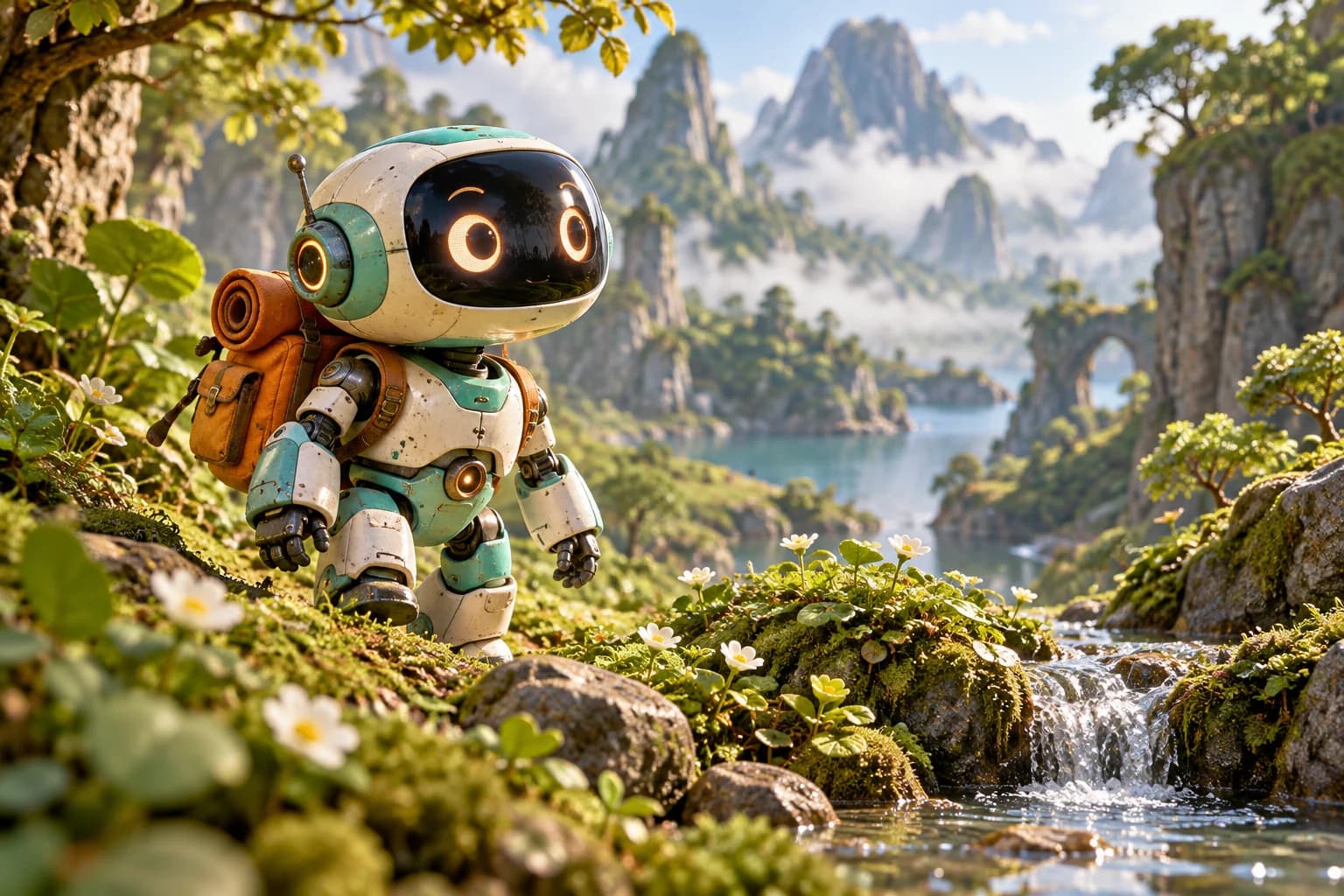 Teal and ivory robot explorer in a miniature moss garden