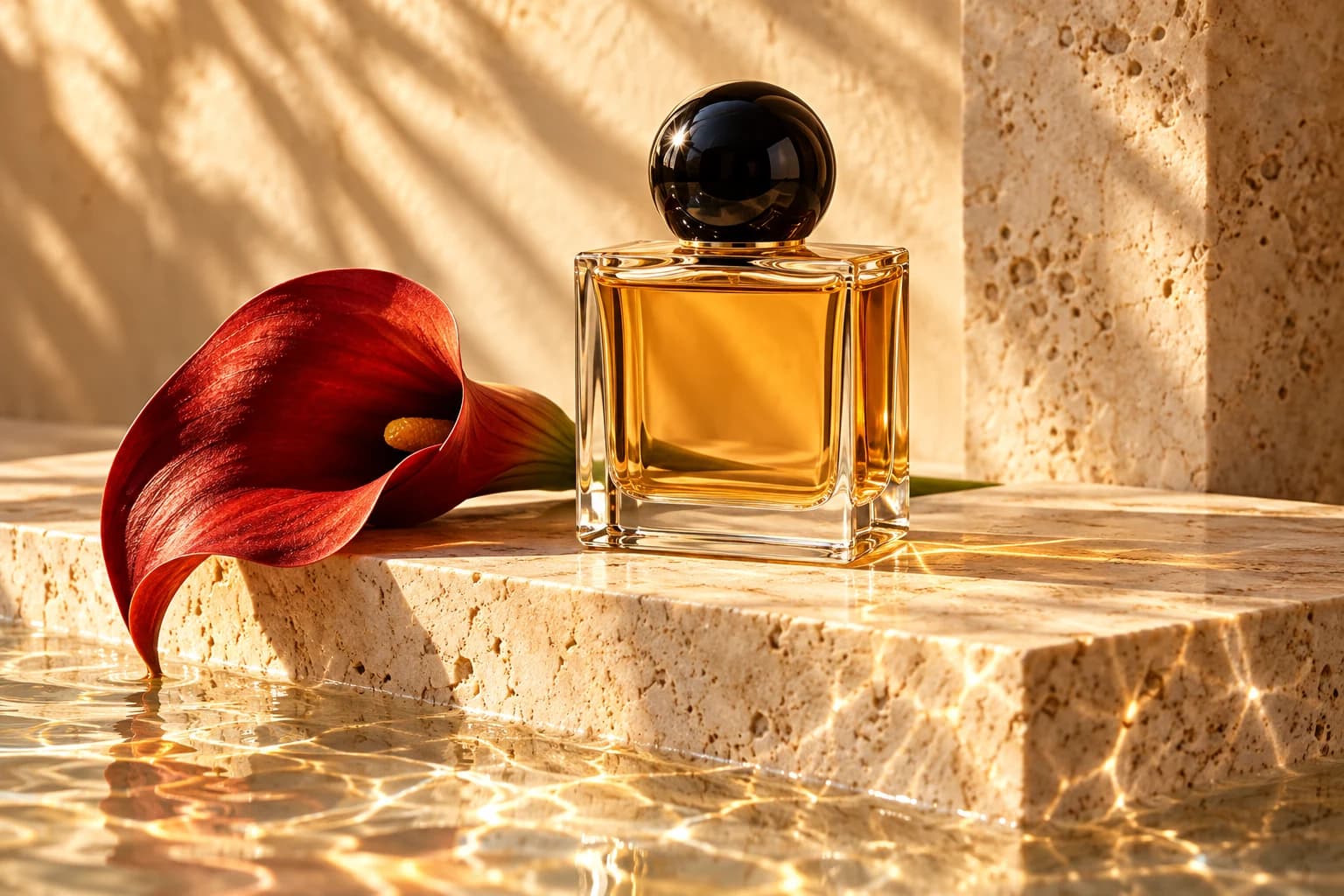 Reference: amber perfume bottle on a travertine pedestal
