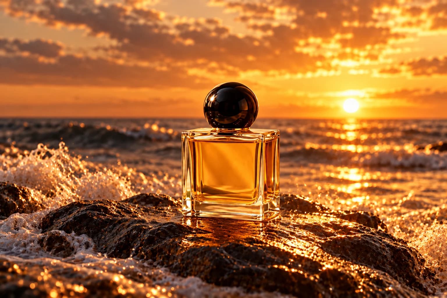 Result: the same bottle on a wet rock at golden-hour sunset