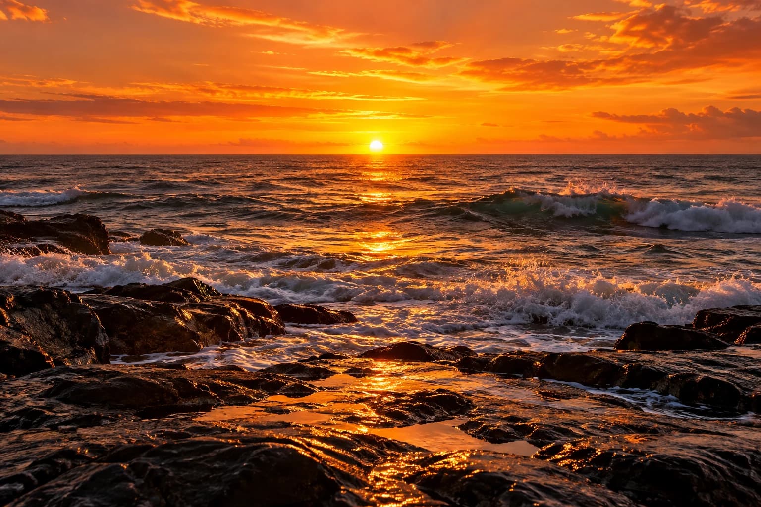 Reference: ocean sunset over a dark wet rock