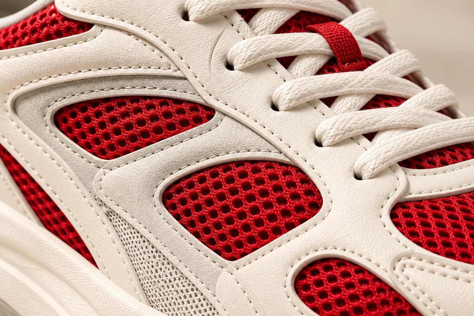 Macro close-up of the sneaker's laces and red mesh