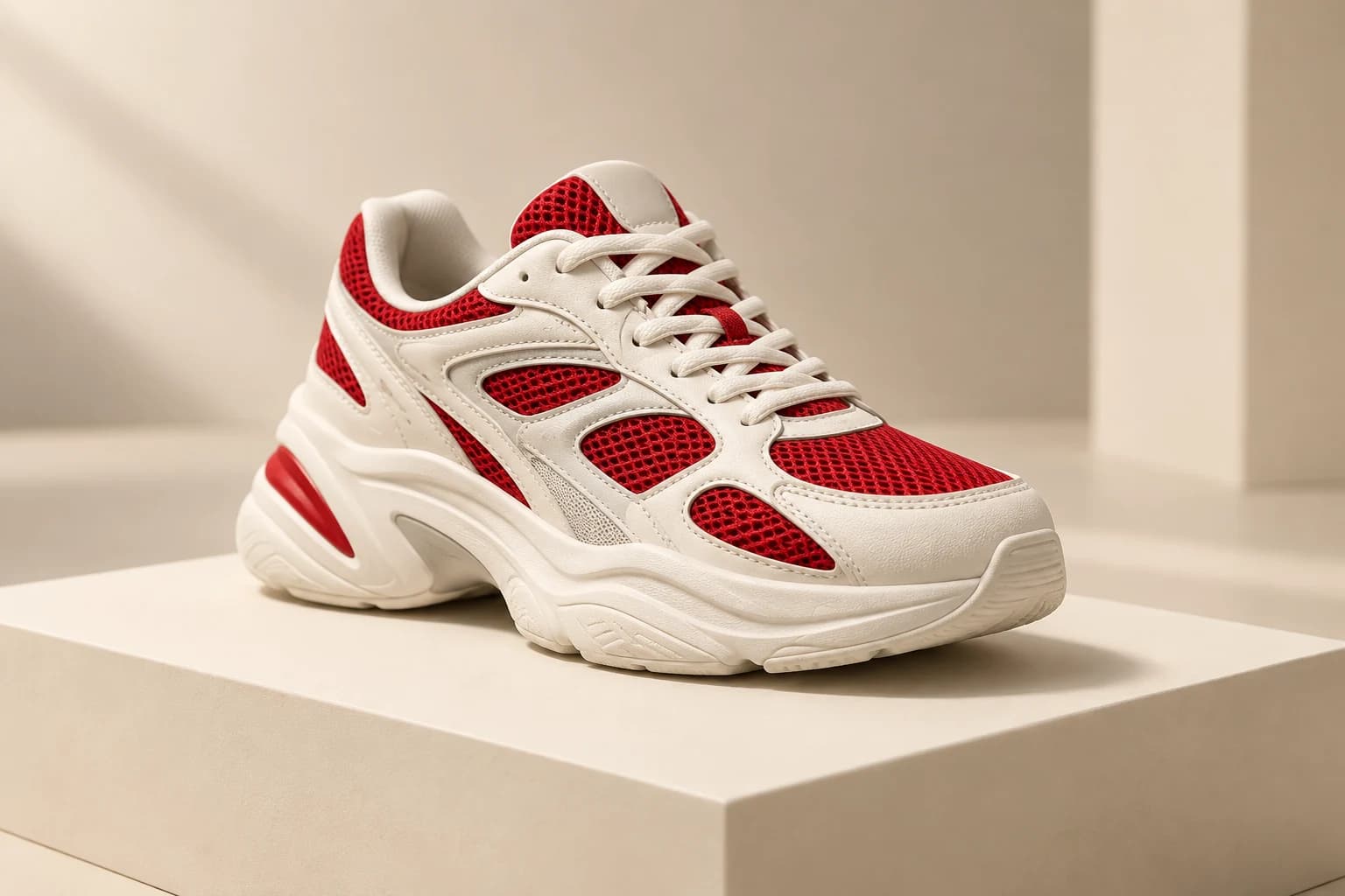 Ivory and red sneaker shot three-quarter, front